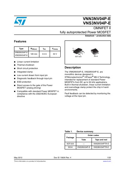 STMicroelectronics VNN3NV04P-E/VNS3NV04P-E OMNIFET II Datasheet