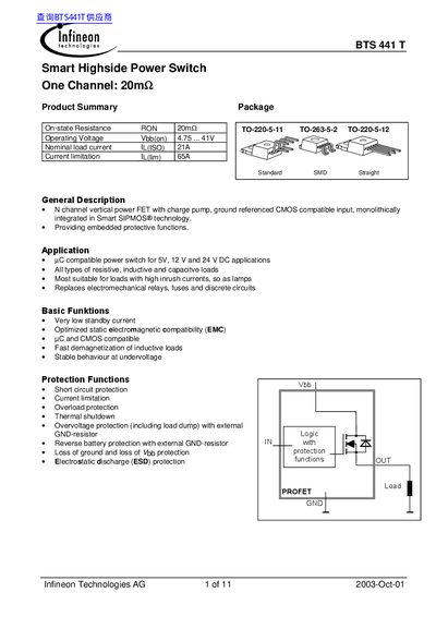 Infineon BTS441T Smart Highside Power Switch Datasheet - cover page