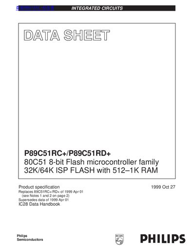 philips P89C51RC+/P89C51RD+ 80C51 8-bit Flash microcontroller family 32K/64K ISP FLASH with 512 1K RAM handbook - cover page