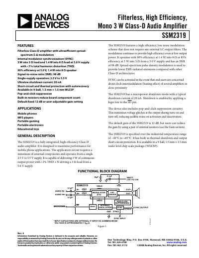 Analog Devices SSM2319 Audio Amplifier Datasheet - cover page