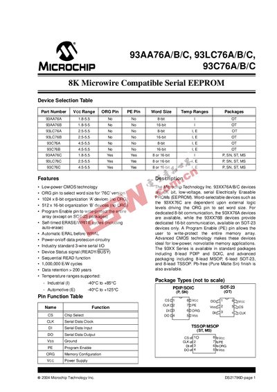 MICROCHIP 8K Microwire Compatible Serial EEPROM 93AA76A/B/C 93LC76A/B/C 93C76A/B/C Manual - cover page