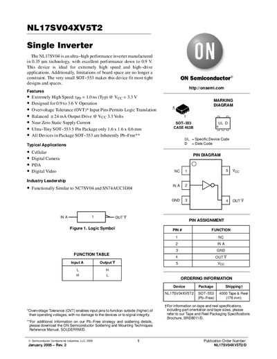 ON Semiconductor NL17SV04XV5T2 Inverter Datasheet - cover page