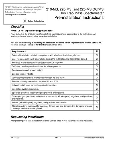 Agilent Technologies 210-MS 220-MS 225-MS GC/MS Ion Trap Mass Spectrometer Pre-installation Instructions - cover page