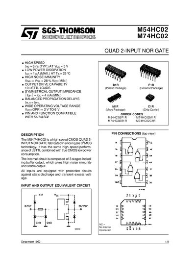 SGS-THOMSON M54HC02 M74HC02 Datasheet - cover page