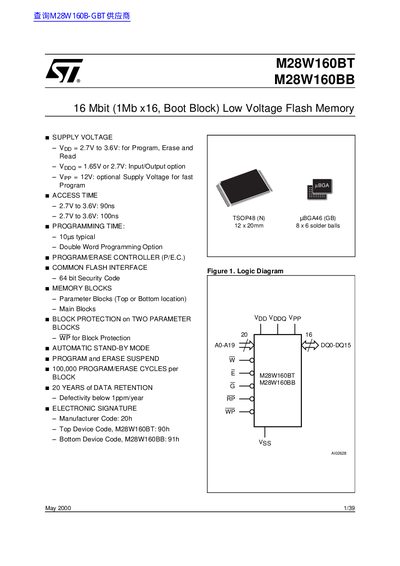 ST M28W160BT M28W160BB 16 Mbit (1Mb x16 Boot Block) Low Voltage Flash Memory handbook(1) - cover page