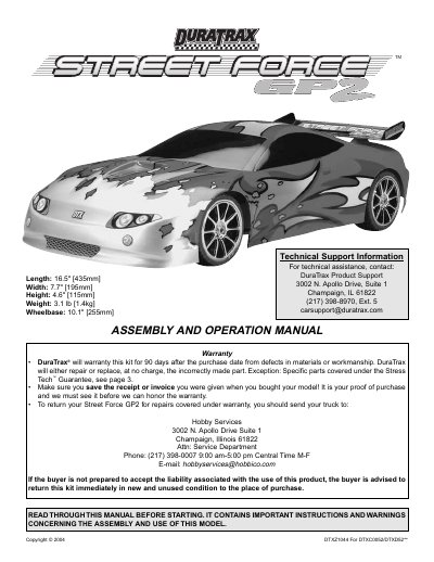 DuraTrax Street Force GP2 Assembly and Operation Manual - cover page