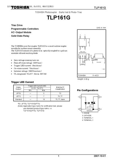 Toshiba TLP161G Photocoupler Datasheet - cover page