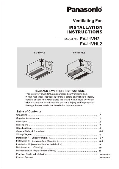 Panasonic FV-11VH2/FV-11VHL2 Ceiling Mount Ventilating Fan Installation Manual - cover page