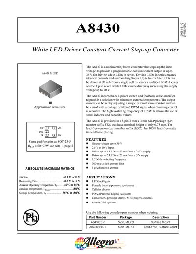 Allegro A8430 White LED Driver Constant Current Step‑up Converter Datasheet - cover page