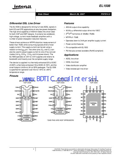 Intersil EL1508 Differential DSL Line Driver Data Sheet - cover page