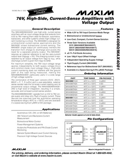 Maxim MAX4080/MAX4081 76V High‑Side Current‑Sense Amplifier Datasheet - cover page