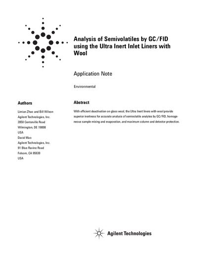 Agilent Ultra Inert Liners with Wool Application Note for GC/FID Semivolatile Analysis - cover page