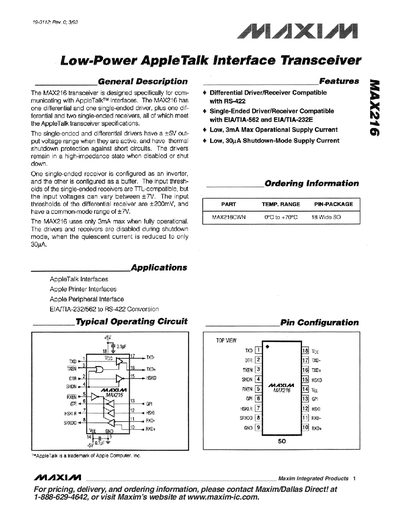 Maxim MAX216 Low-Power AppleTalk Interface Transceiver Datasheet
