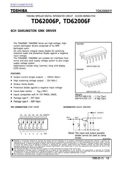 Toshiba TD62006P/F 6-Channel Darlington Sink Driver Datasheet - cover page