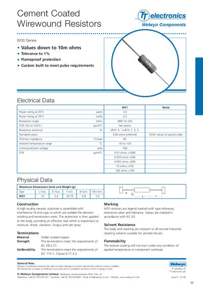 WELWYN Cement Coated Wirewound Resistors W30 Series - cover page