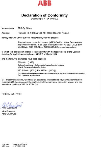ABB Thermal Motor Protection System Declaration of Conformity - cover page