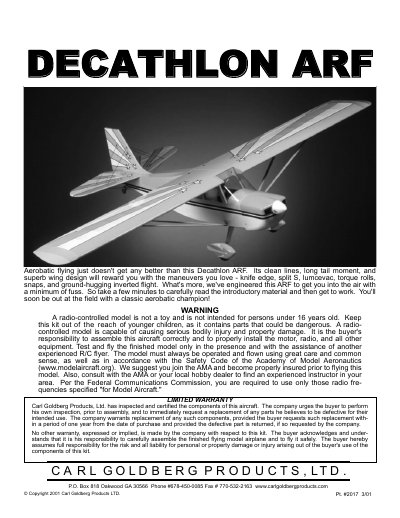 Carl Goldberg Products Decathlon ARF Assembly and Operation Manual - cover page