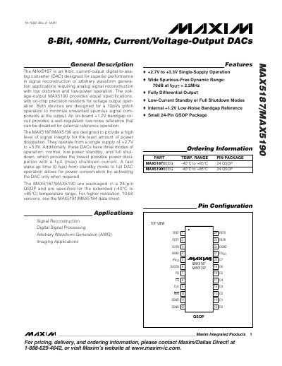 Maxim MAX5187/MAX5190 8-Bit 40MHz Current/Voltage-Output DACs Datasheet - cover page
