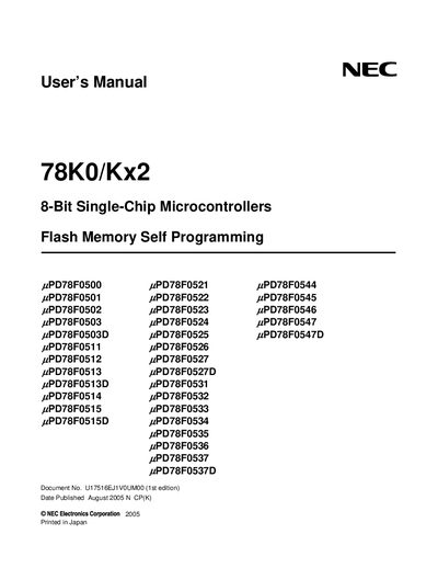 NEC 78K0/Kx2 8-Bit Single-Chip Microcontrollers Flash Memory Self Programming PD78F0500 PD78F0501 PD78F0502 PD78F0503 PD78F0503D PD78F0511 PD78 - cover page