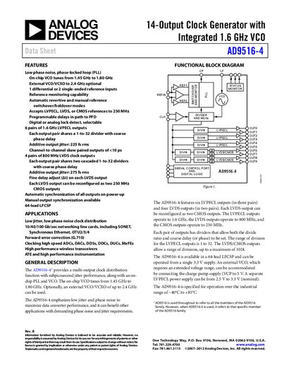 Analog Devices AD9516-4 Clock Generator Datasheet