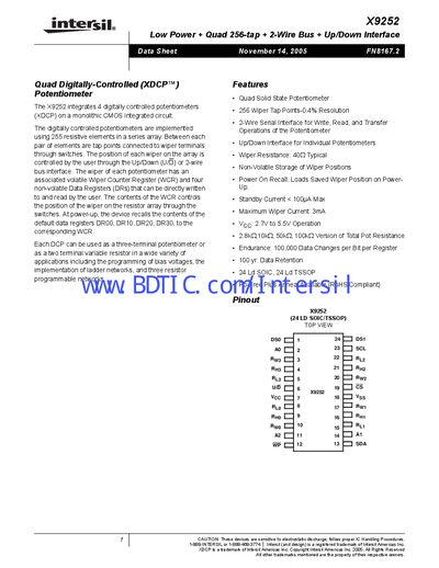 Intersil X9252 Datasheet - cover page