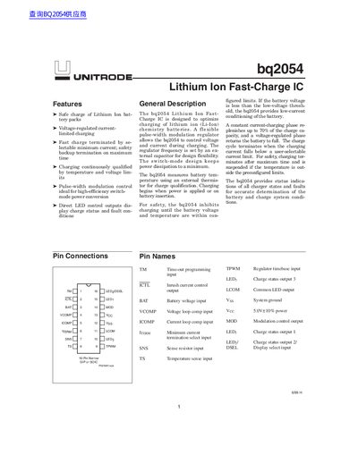 Texas Instruments bq2054 Lithium Ion Fast-Charge IC Datasheet - cover page