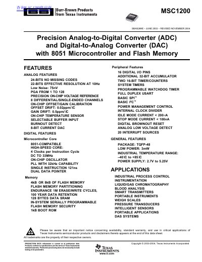 Texas Instruments MSC1200 Precision ADC/DAC with 8051 Microcontroller Datasheet - cover page