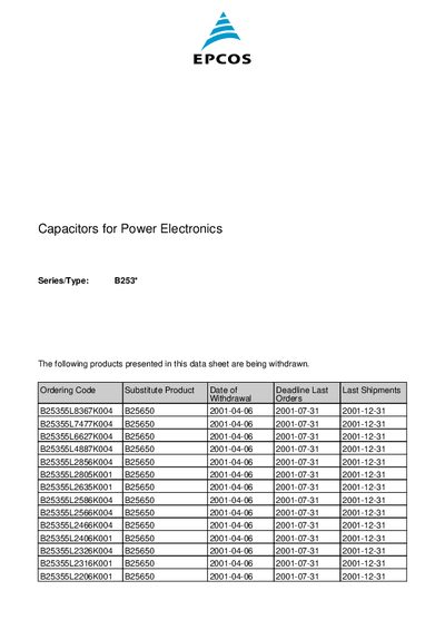 EPCOS B25355 Series Capacitors for Power Electronics Datasheet - cover page