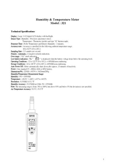 321 Humidity & Temperature Meter Datasheet - cover page