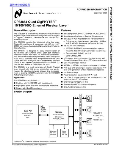 National Semiconductor DP83864 Quad GigPHYTER 10/100/1000 Ethernet Physical Layer Data Sheet - cover page