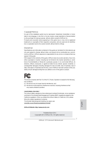 ASRock Z77 Extreme9 Motherboard Quick Installation Guide - cover page
