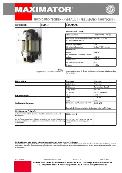 Maximator S35D Pneumatic Hydraulic Pump Datasheet - cover page