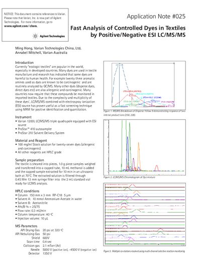 Agilent 1200L LC/MS/MS Application Note for Dye Analysis in Textiles - cover page