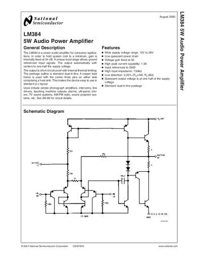 National Semiconductor LM384 5W Audio Power Amplifier Datasheet - cover page