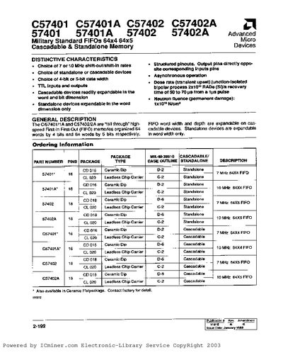 AMD C57401/C57401A/C57402/C57402A FIFO Memory Datasheet - cover page