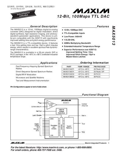 Maxim MAX5013 12‑Bit 100Msps TTL DAC Datasheet - cover page