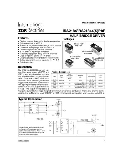 International Rectifier IRS2184/IRS21844 Half-Bridge Driver Datasheet - cover page