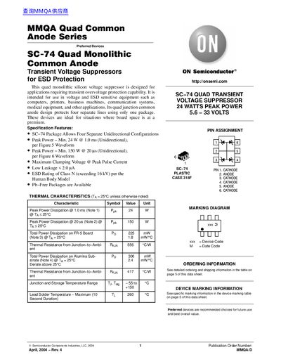 ON Semiconductor MMQA Quad Common Anode Transient Voltage Suppressor Datasheet - cover page