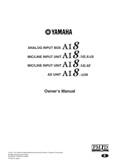 YAMAHA ANALOG INPUT BOX AI8 MIC/LINE INPUT UNIT ANALOG INPUT BOX AI8 -ML8AB MIC/LINE INPUT UNIT AI8 -ML8F AD UNIT AI8 -AD8 owner's Manual - cover page