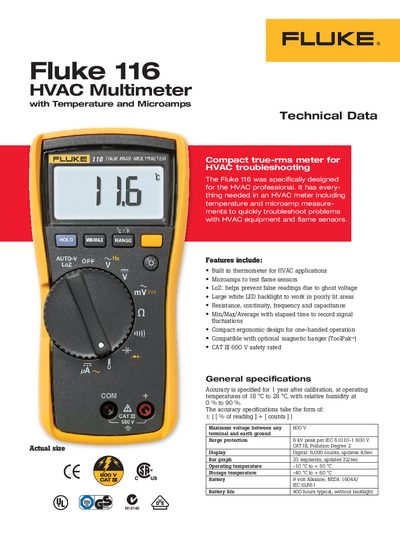 Fluke 116 HVAC Multimeter Technical Data - cover page