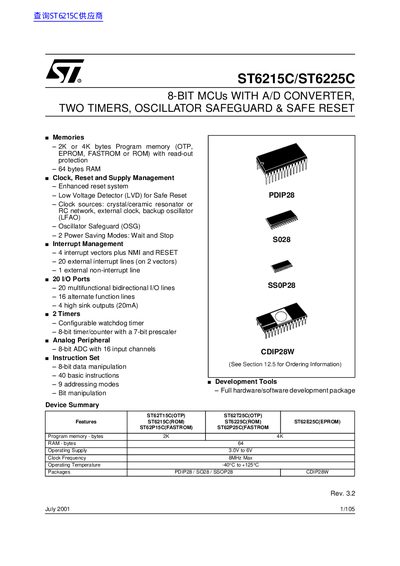 STMicroelectronics ST6215C/ST6225C Data Sheet - cover page
