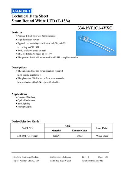 EVERLIGHT 334-15/T1C1-4VXC 5 mm Round White LED (T-13/4) Technical Data Sheet  - cover page