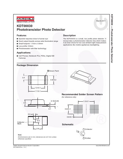 Fairchild Semiconductor KDT00030 Phototransistor Photo Detector Datasheet - cover page