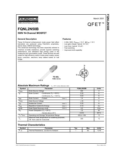 Fairchild FQNL2N50B 500V N-Channel MOSFET Datasheet - cover page
