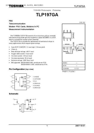 Toshiba TLP197GA Photocoupler Datasheet - cover page
