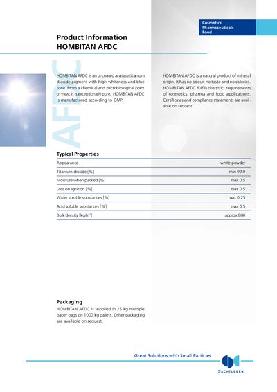 Sachtleben HOMBITAN AFDC Titanium Dioxide Pigment Datasheet - cover page