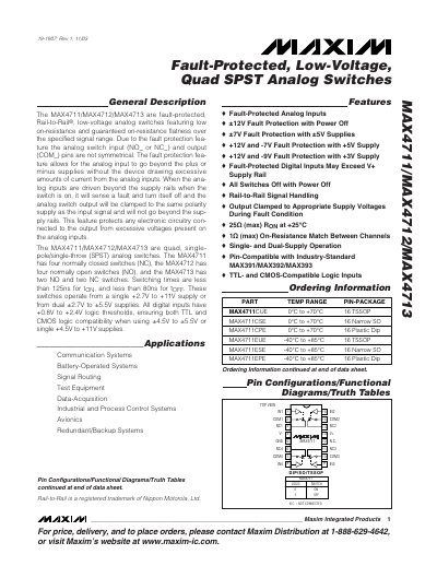 Maxim MAX4711/MAX4712/MAX4713 Fault-Protected Quad SPST Analog Switches Datasheet - cover page