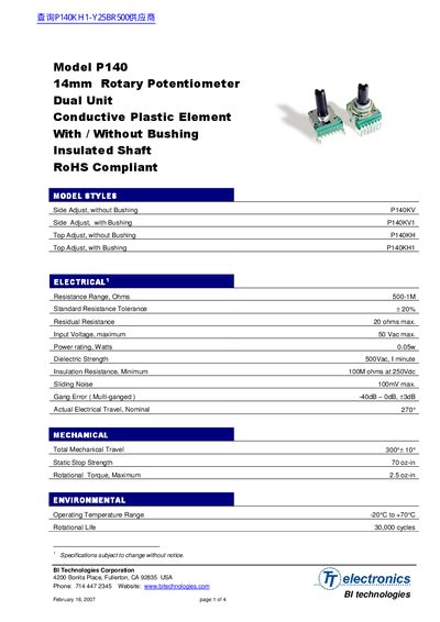 TT electronics P140 14mm Rotary Potentiometer Dual Unit Conductive Plastic Element With Without Bushing Insulated Shaft RoHS Compliant  - cover page