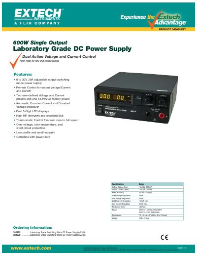 Extech 382275 Laboratory Grade DC Power Supply Datasheet - cover page