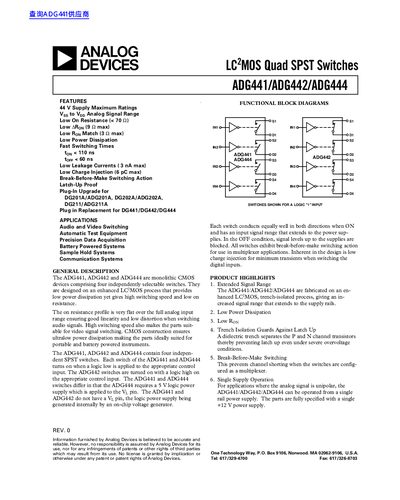 Analog Devices ADG441/ADG442/ADG444 LC2MOS Quad SPST Switches Datasheet